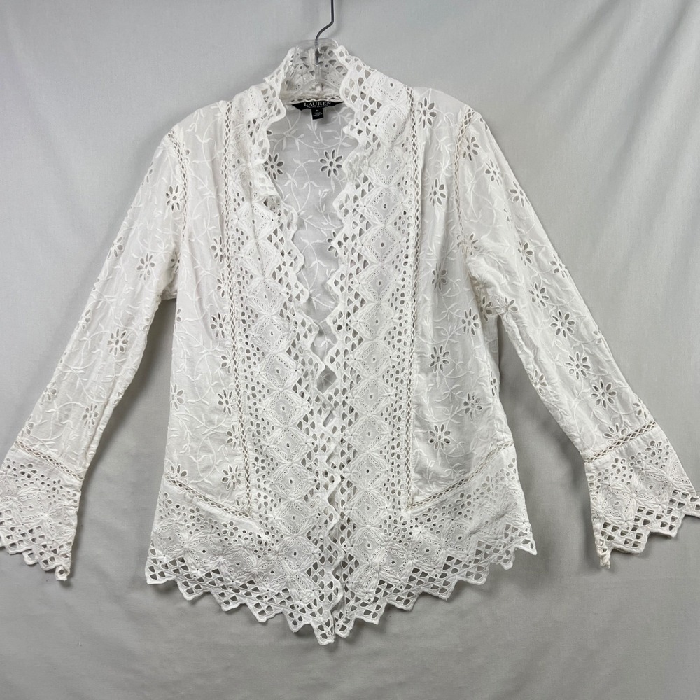 LRL Ralph Lauren Eyelet Cardigan Womens Medium White Lace Bell Sleeve Boho